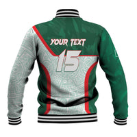 Green Mexico varsity baseball jacket back with aztec pattern, red trim, and 15