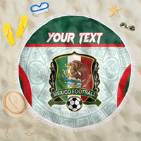 Round beach blanket with green top panel, Mexico crest, soccer ball, and white fringe