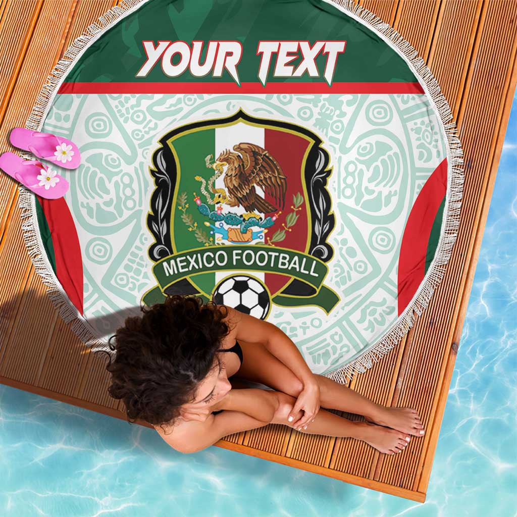 Round beach blanket with Mexico crest and soccer ball design, green-red accents, white fringe