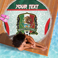 Round beach blanket with Mexico crest and soccer ball design, green-red accents, white fringe
