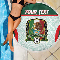Round beach blanket on a poolside with green banner, Mexico crest, soccer ball, white fringe