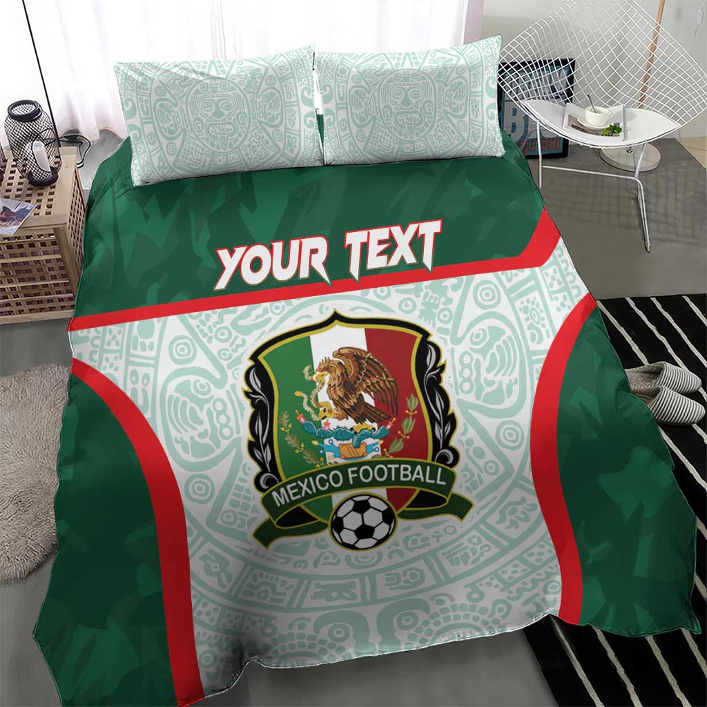 Mexico football bedding set: green Aztec duvet with pillow covers, custom text band and crest