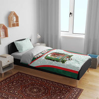 Mexico football bedding set on bed: green Aztec duvet with pillow covers and Mexico crest