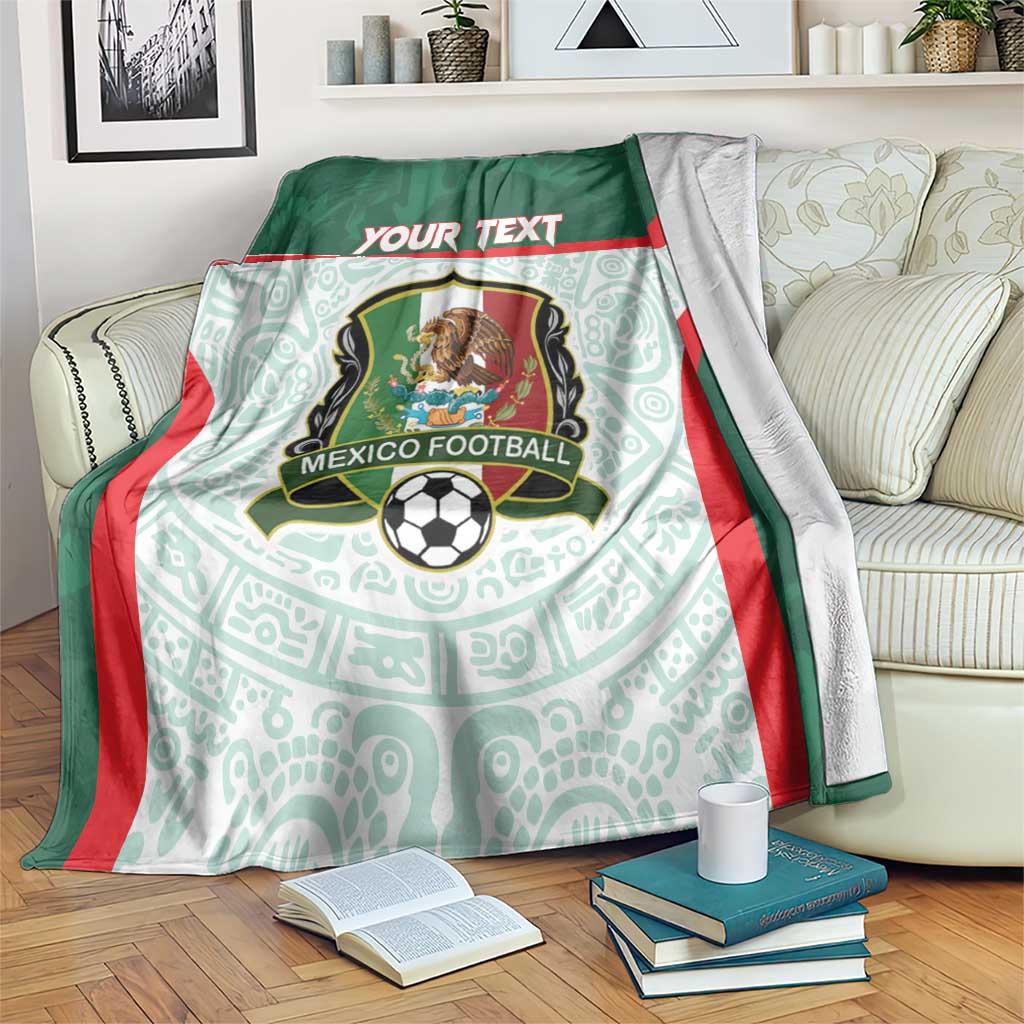 Football blanket in green with red trim, Mexico crest, and 'Your Text' banner
