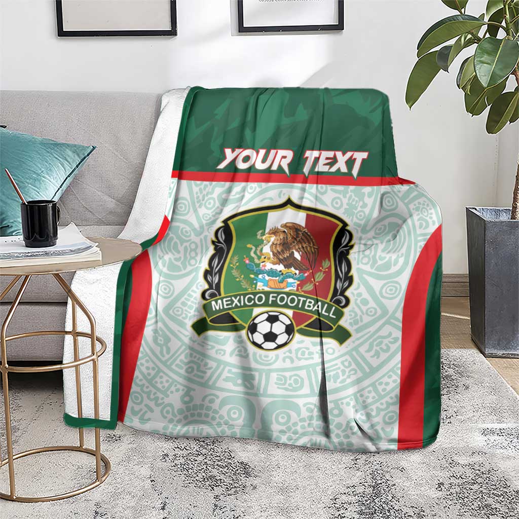 Football blanket with green top, light-blue Aztec pattern, red trim, Mexico crest, 'Your Text'