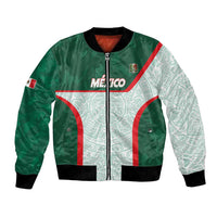 Unisex green bomber jacket with Mexico-style aztec panel, red stripes, black rib hem