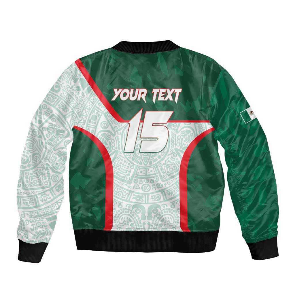 Unisex green bomber jacket back with Your Text and number 15, aztec pattern, rib cuffs
