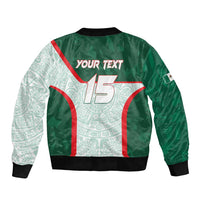 Unisex green bomber jacket back with Your Text and number 15, aztec pattern, rib cuffs