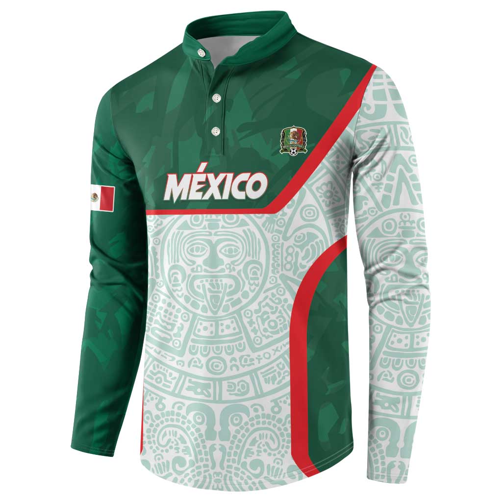 Men's green button-up sweatshirt with Mexico logo, red diagonal panels, chest crest patch