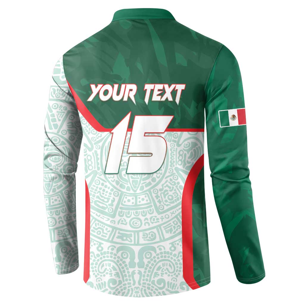 Men's green button-up sweatshirt back with 'Your Text 15' and small flag sleeve patch
