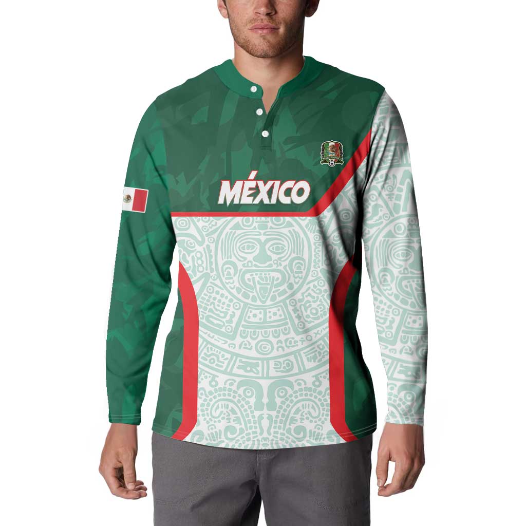 Men's green button-up sweatshirt with Mexico logo, red/white trim, long sleeves