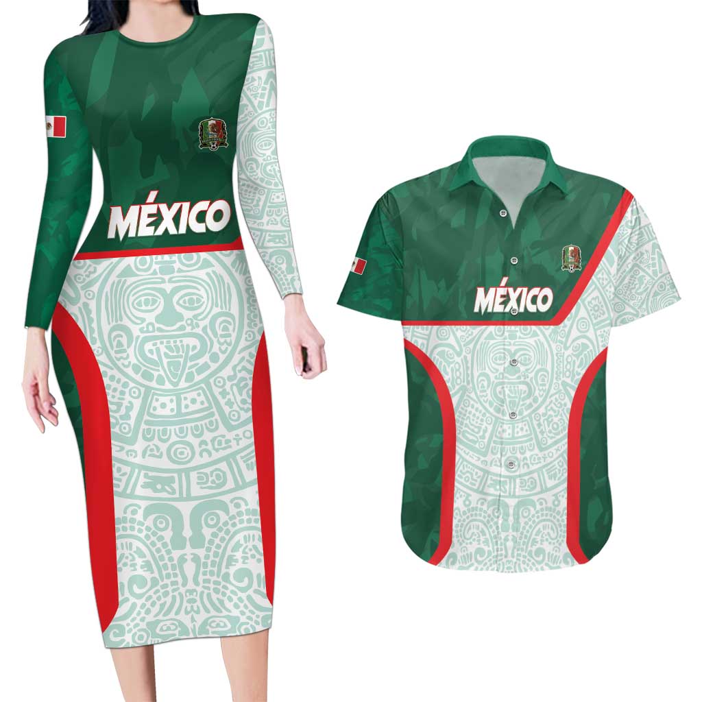 Custom Mexico Football Couples Matching Long Sleeve Bodycon Dress and Hawaiian Shirt Aztec Pattern