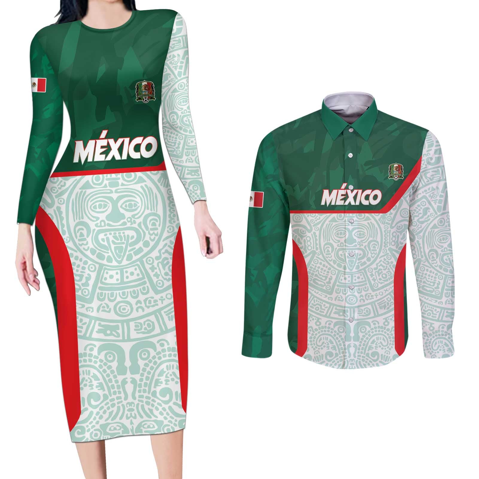 Custom Mexico Football Couples Matching Long Sleeve Bodycon Dress and Long Sleeve Button Shirt Aztec Pattern