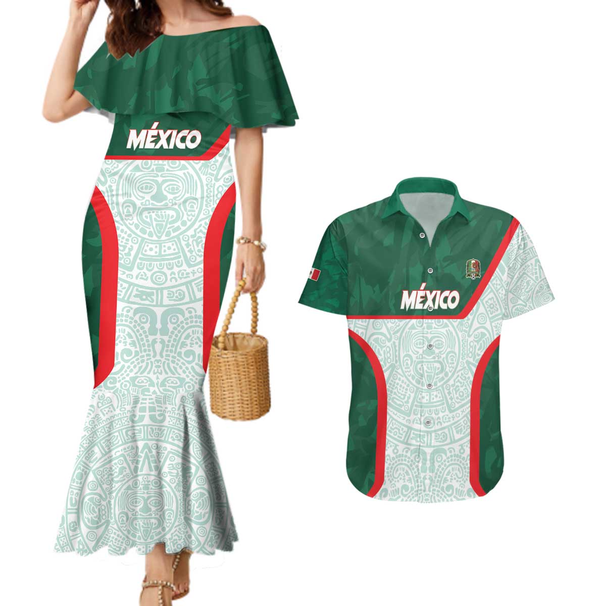 Custom Mexico Football Couples Matching Mermaid Dress and Hawaiian Shirt Aztec Pattern