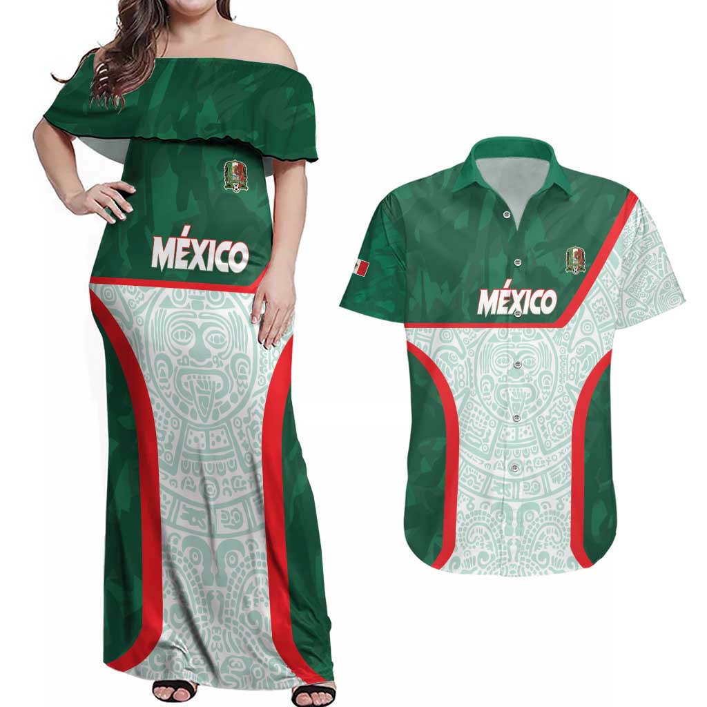 Custom Mexico Football Couples Matching Off Shoulder Maxi Dress and Hawaiian Shirt Aztec Pattern