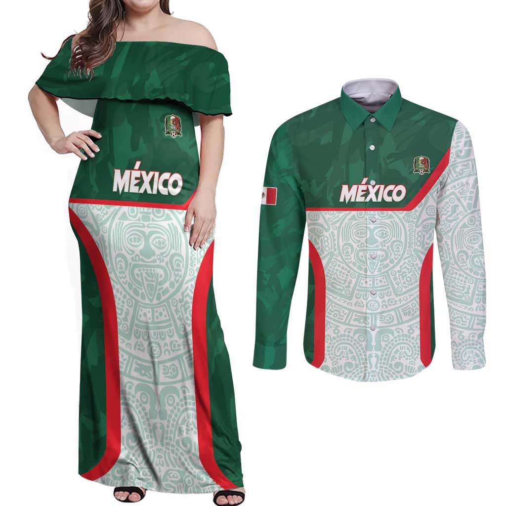 Custom Mexico Football Couples Matching Off Shoulder Maxi Dress and Long Sleeve Button Shirt Aztec Pattern