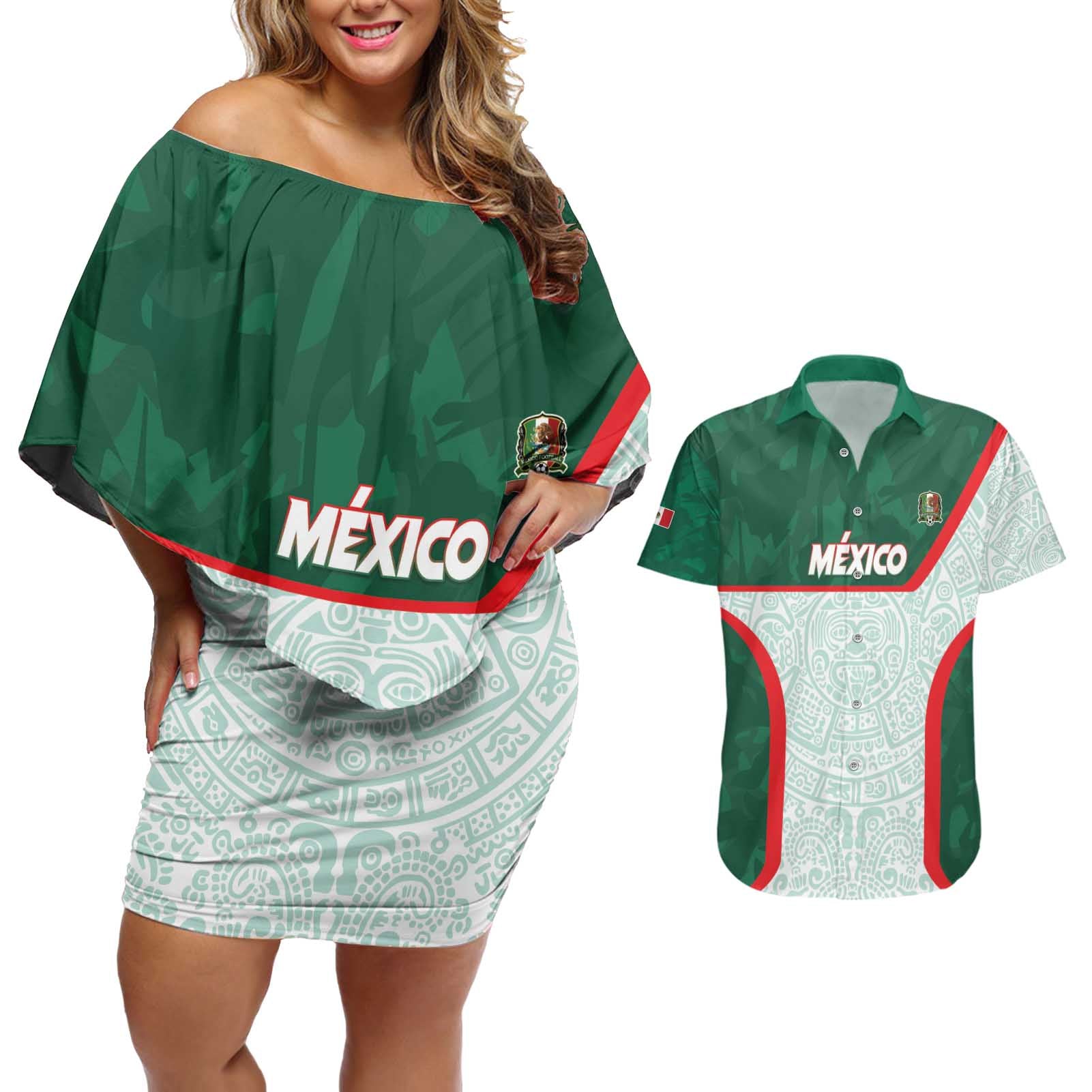 Custom Mexico Football Couples Matching Off Shoulder Short Dress and Hawaiian Shirt Aztec Pattern