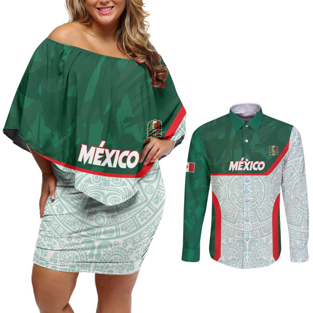 Custom Mexico Football Couples Matching Off Shoulder Short Dress and Long Sleeve Button Shirt Aztec Pattern