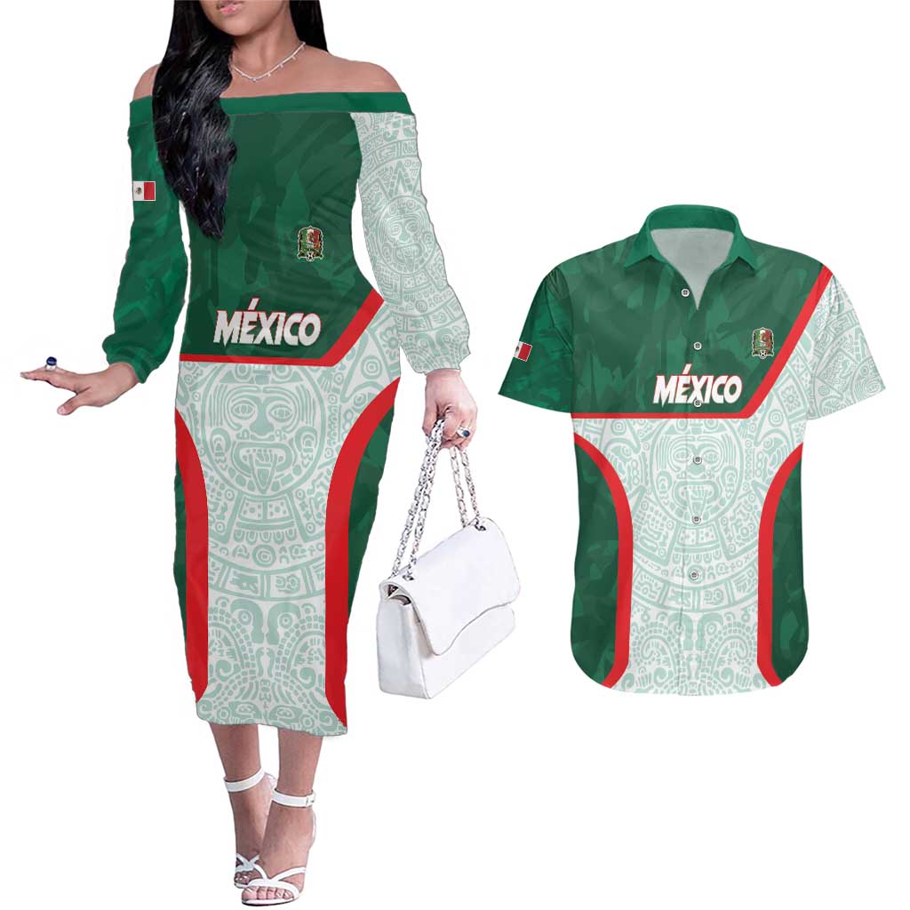 Custom Mexico Football Couples Matching Off The Shoulder Long Sleeve Dress and Hawaiian Shirt Aztec Pattern