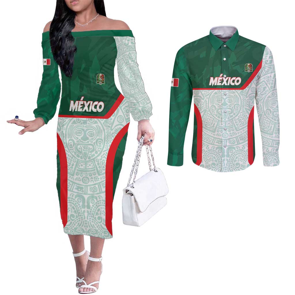 Custom Mexico Football Couples Matching Off The Shoulder Long Sleeve Dress and Long Sleeve Button Shirt Aztec Pattern