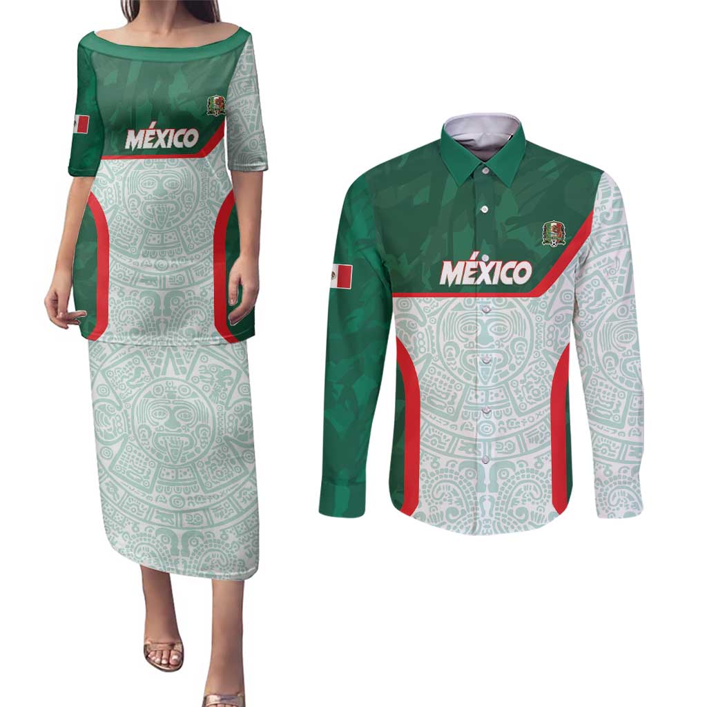 Custom Mexico Football Couples Matching Puletasi and Long Sleeve Button Shirt Aztec Pattern