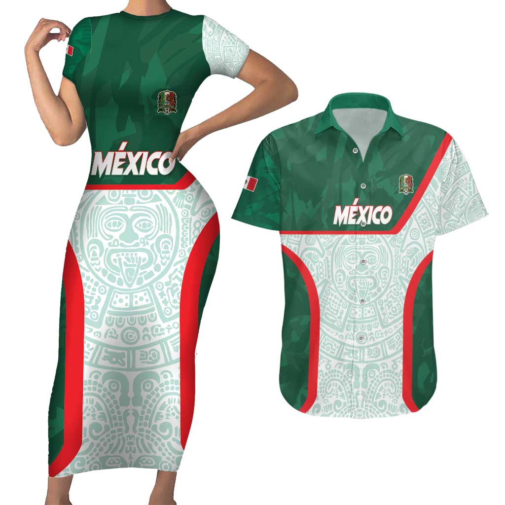 Custom Mexico Football Couples Matching Short Sleeve Bodycon Dress and Hawaiian Shirt Aztec Pattern