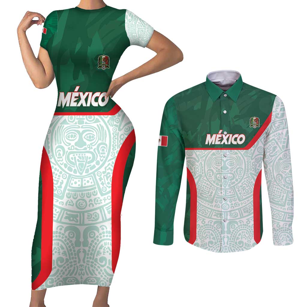 Custom Mexico Football Couples Matching Short Sleeve Bodycon Dress and Long Sleeve Button Shirt Aztec Pattern