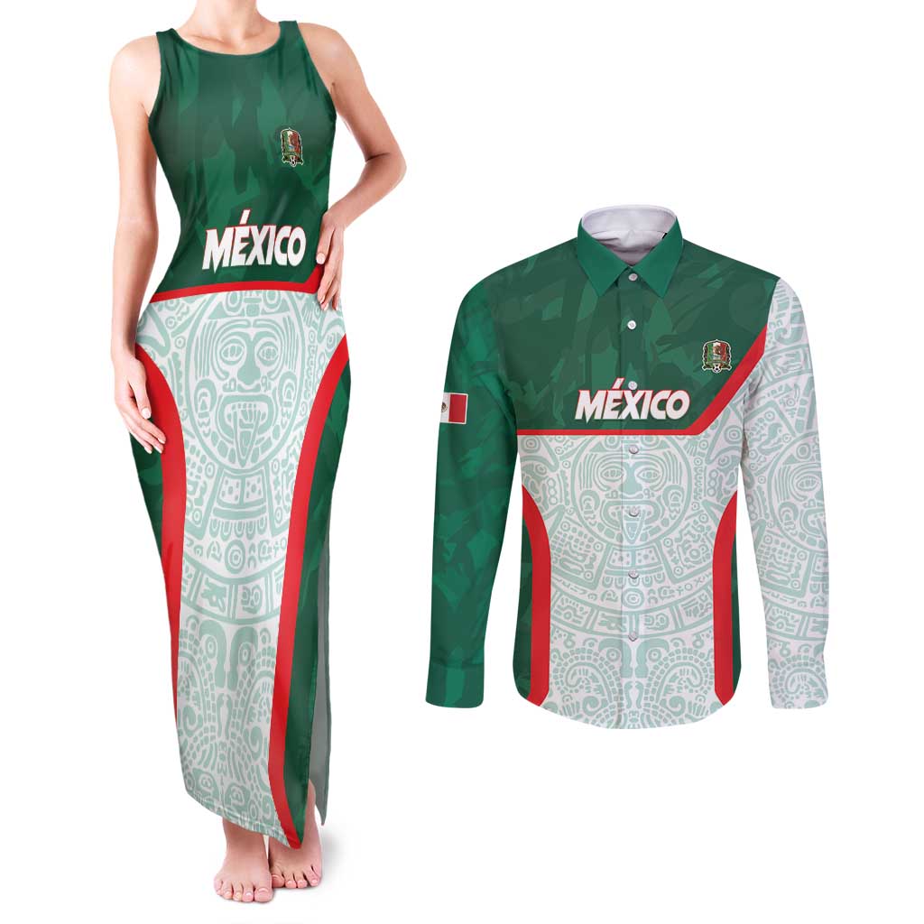 Custom Mexico Football Couples Matching Tank Maxi Dress and Long Sleeve Button Shirt Aztec Pattern