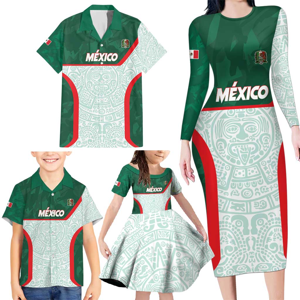 Custom Mexico Football Family Matching Long Sleeve Bodycon Dress and Hawaiian Shirt Aztec Pattern