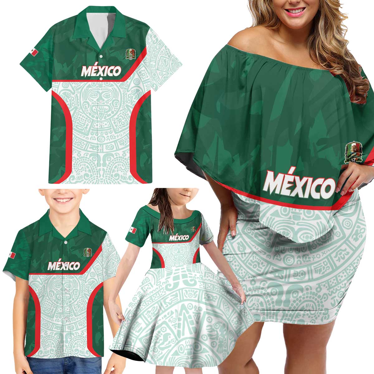 Custom Mexico Football Family Matching Off Shoulder Short Dress and Hawaiian Shirt Aztec Pattern