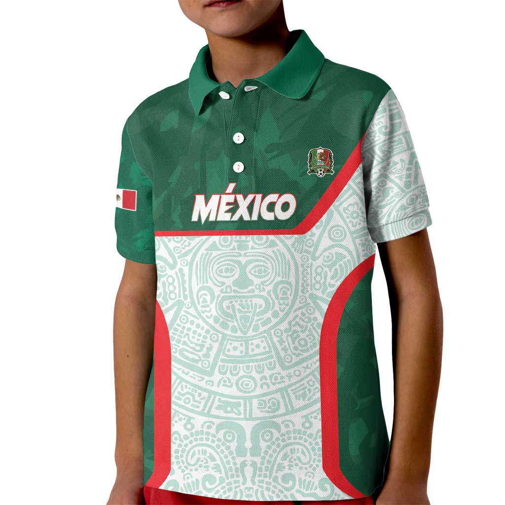 Custom Mexico Football Kid Polo Shirt Aztec Pattern