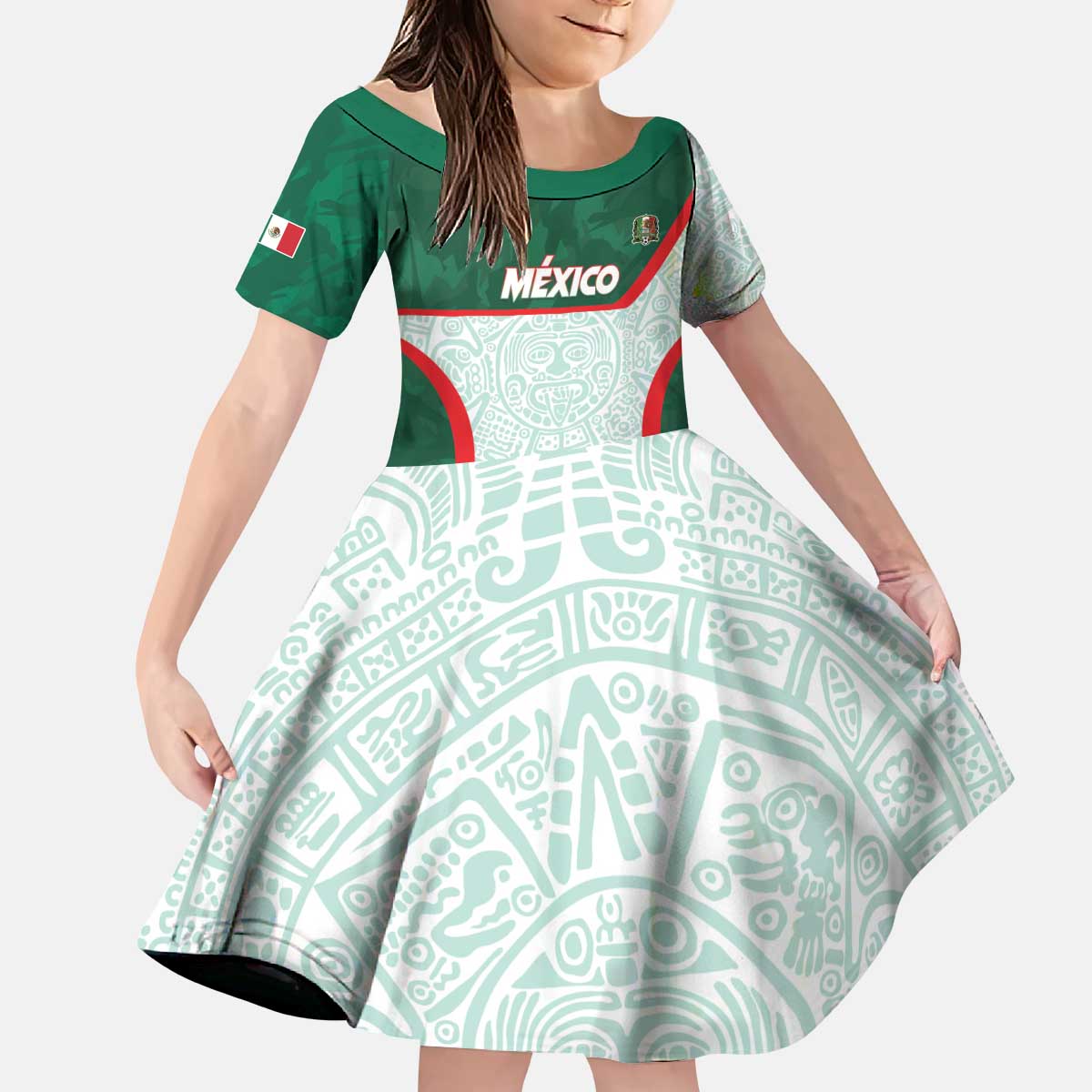 Custom Mexico Football Kid Short Sleeve Dress Aztec Pattern