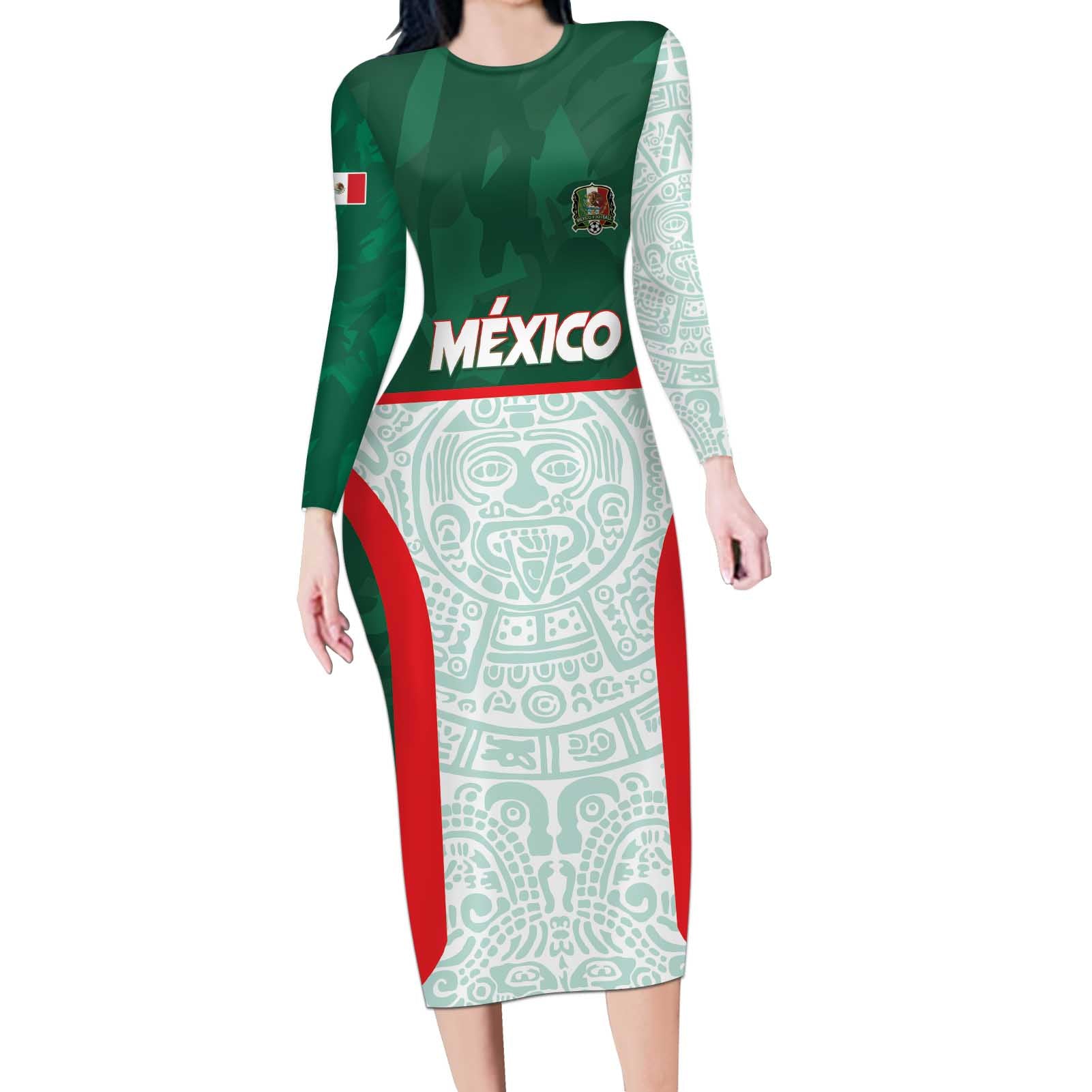 Custom Mexico Football Long Sleeve Bodycon Dress Aztec Pattern