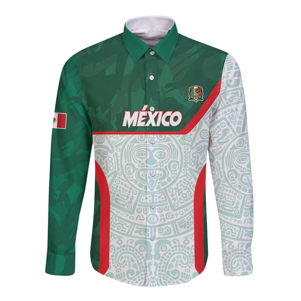 Custom Mexico Football Long Sleeve Button Shirt Aztec Pattern