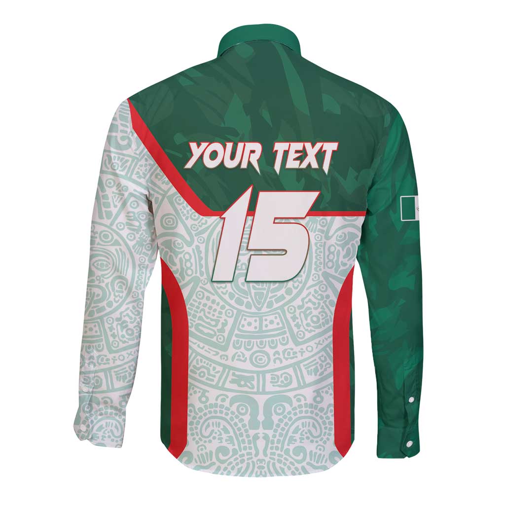 Green long-sleeve button football shirt with Aztec pattern panels, back text '15'