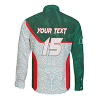 Green long-sleeve button football shirt with Aztec pattern panels, back text '15'