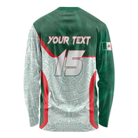 Green long-sleeve soccer shirt back with white Aztec print, red accents, '15' text