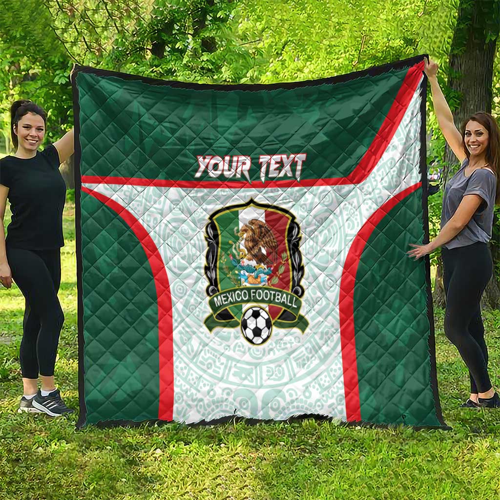 Green Mexico football quilt with red-and-white design and center 'YOUR TEXT' panel