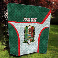 Green Mexico football quilt with red trim, Mexico crest, and 'YOUR TEXT' across center