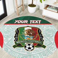Green round carpet with Mexico football emblem and Aztec-style pattern, custom text banner