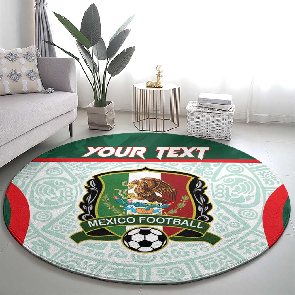 Green round carpet with Mexico football crest, soccer ball graphic, Aztec-style pattern