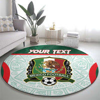 Green round carpet with Mexico football crest, soccer ball graphic, Aztec-style pattern