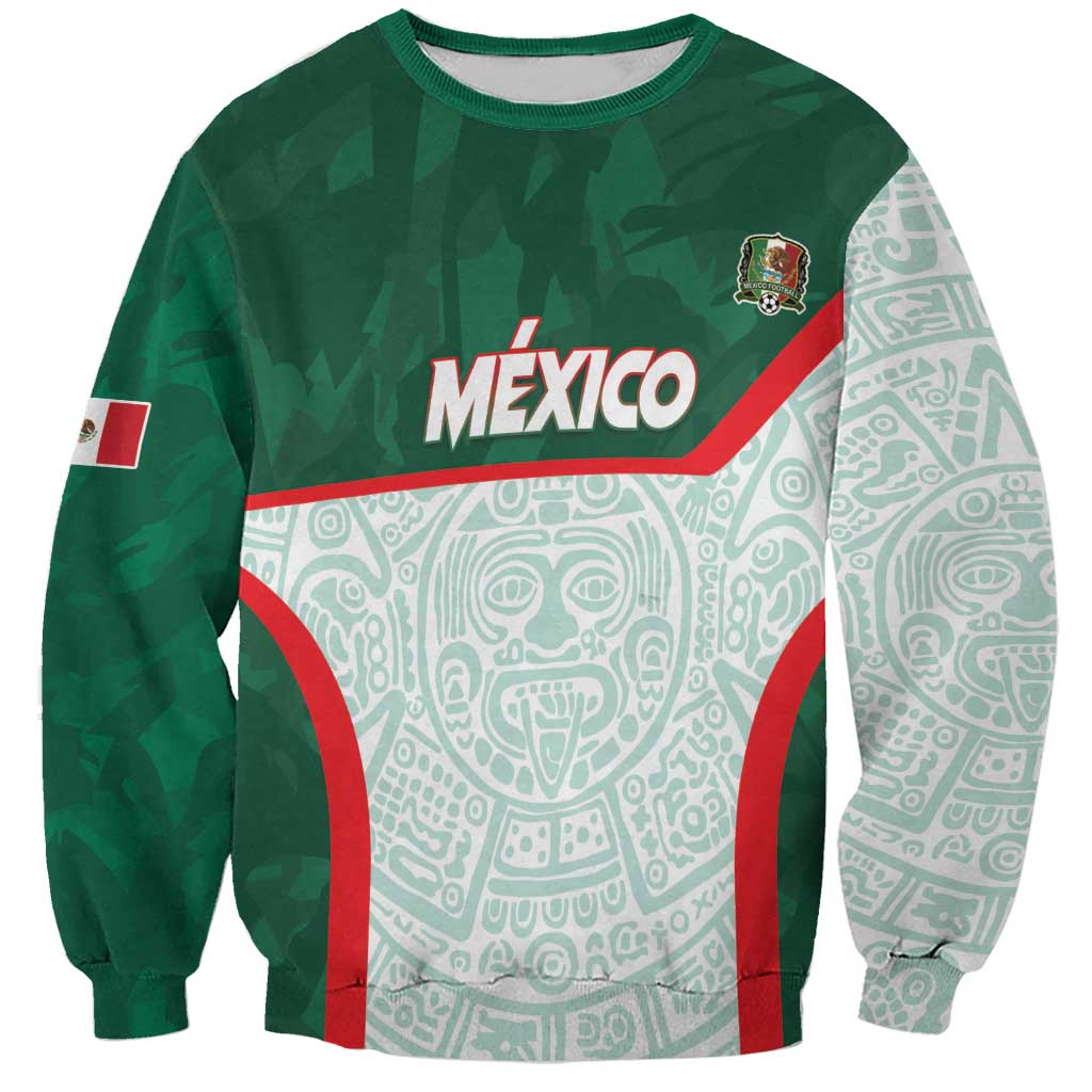 Unisex Mexico football sweatshirt, green and light aztec-style print, crewneck, Mexico text