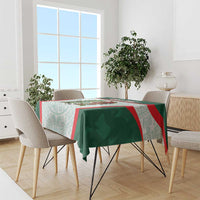 Green Mexico football tablecloth with aqua pattern and red panel drape on dining table