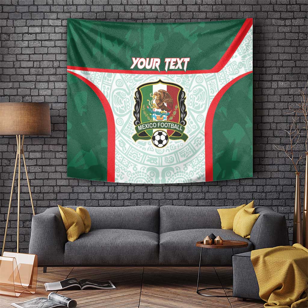 Green Mexico football tapestry with Aztec-style backdrop, red borders, and Mexico football crest