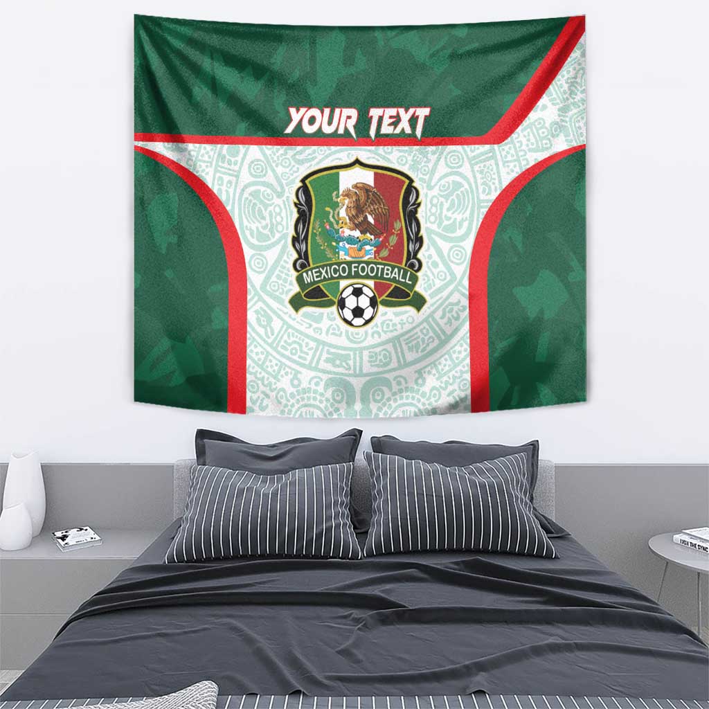 Green Mexico football tapestry with red curved borders, Aztec pattern, and customizable text