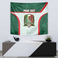 Green Mexico football tapestry with red side curves, Aztec pattern, and customizable text