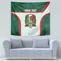 Green Mexico football tapestry featuring red borders, Aztec pattern, and customizable text