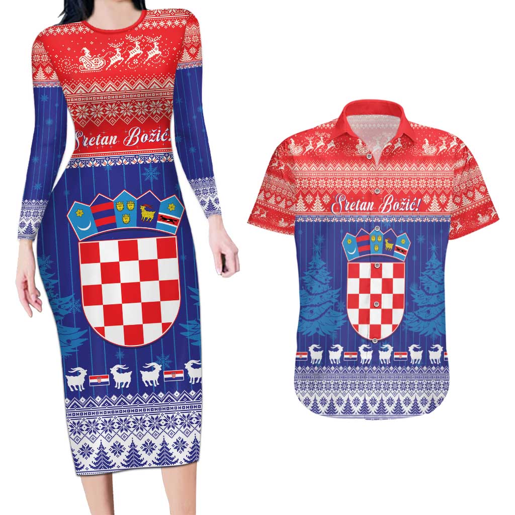 Croatia Christmas Couples Matching Long Sleeve Bodycon Dress and Hawaiian Shirt Coat Of Arms Sretan Bozic