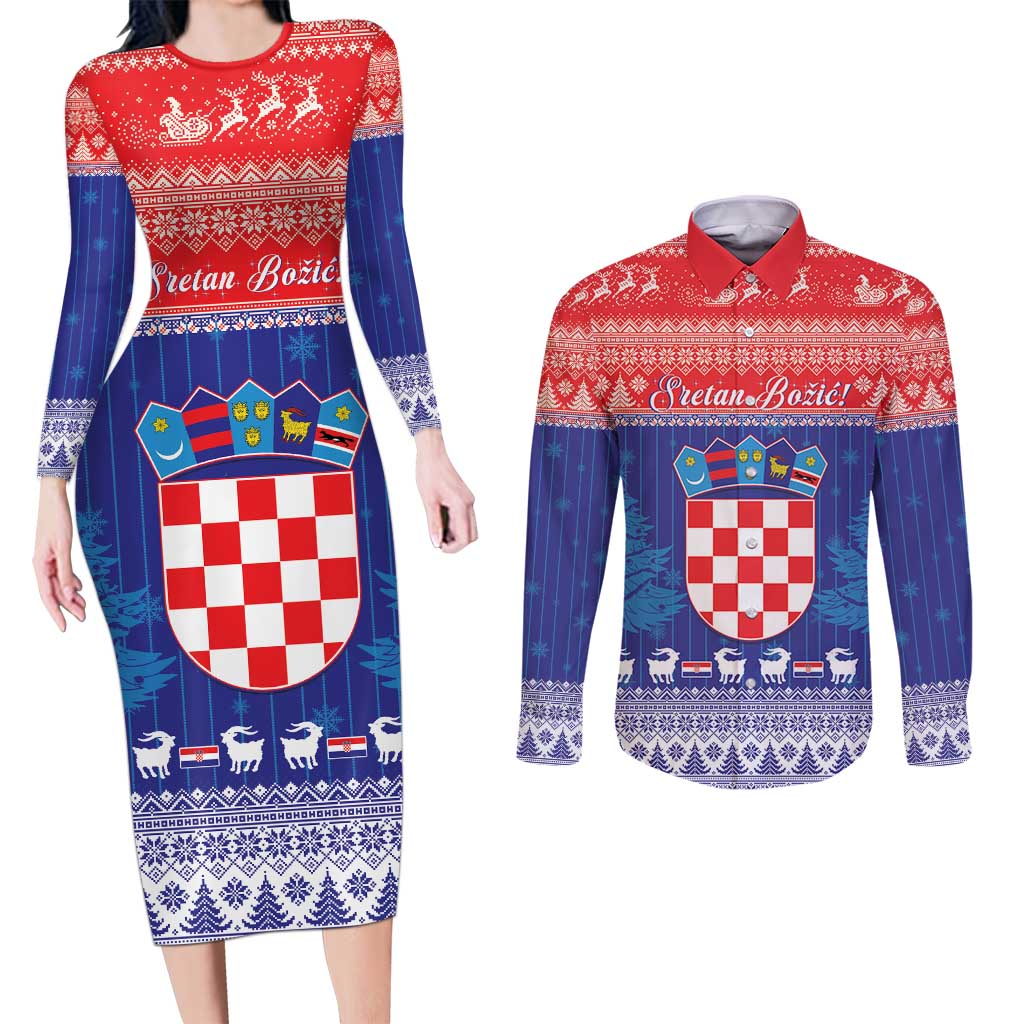 Croatia Christmas Couples Matching Long Sleeve Bodycon Dress and Long Sleeve Button Shirt Coat Of Arms Sretan Bozic